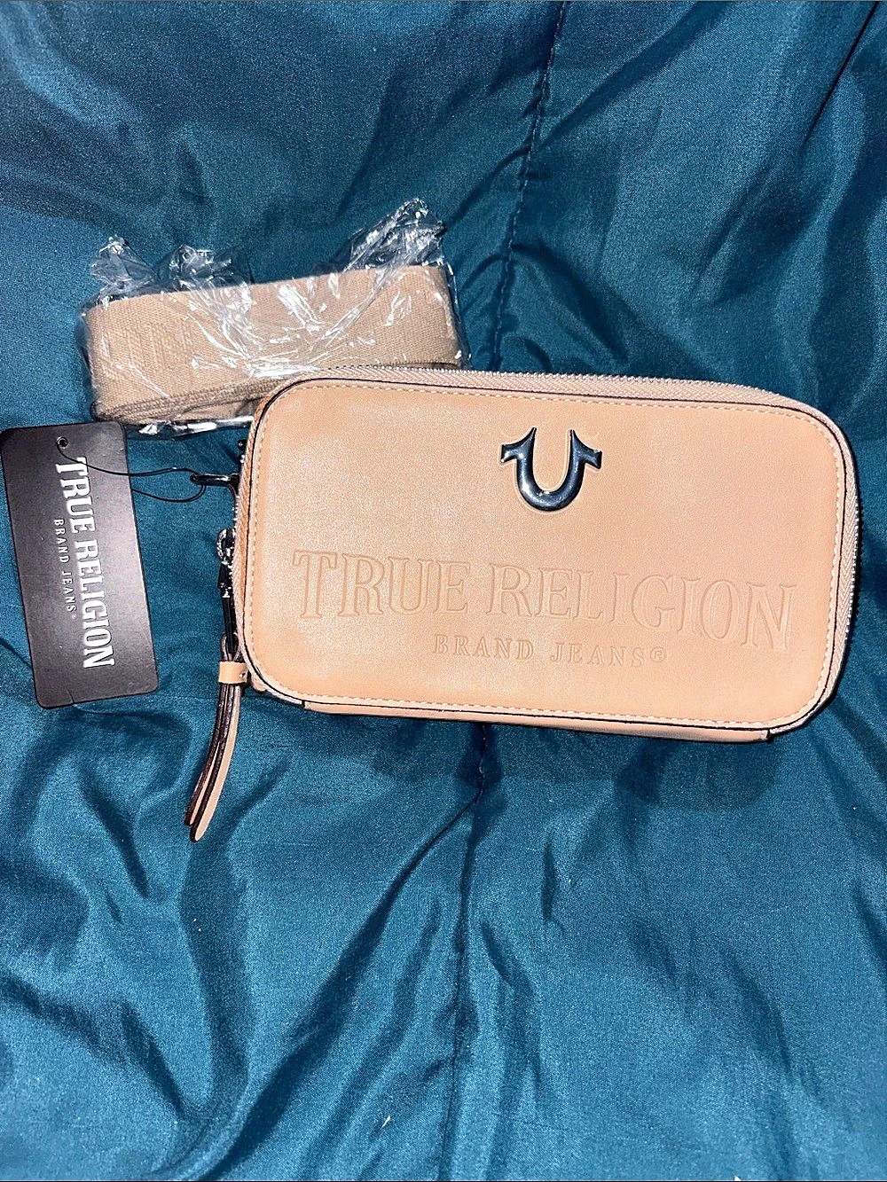 True Religion Embossed Logo Crossbody Bag in Tan with detachable strap NWT